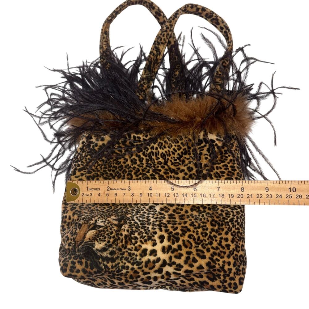 Y2K Glam Mobwife Leopard Print Feather Trim Top Handle Bag - Picture 3 of 7